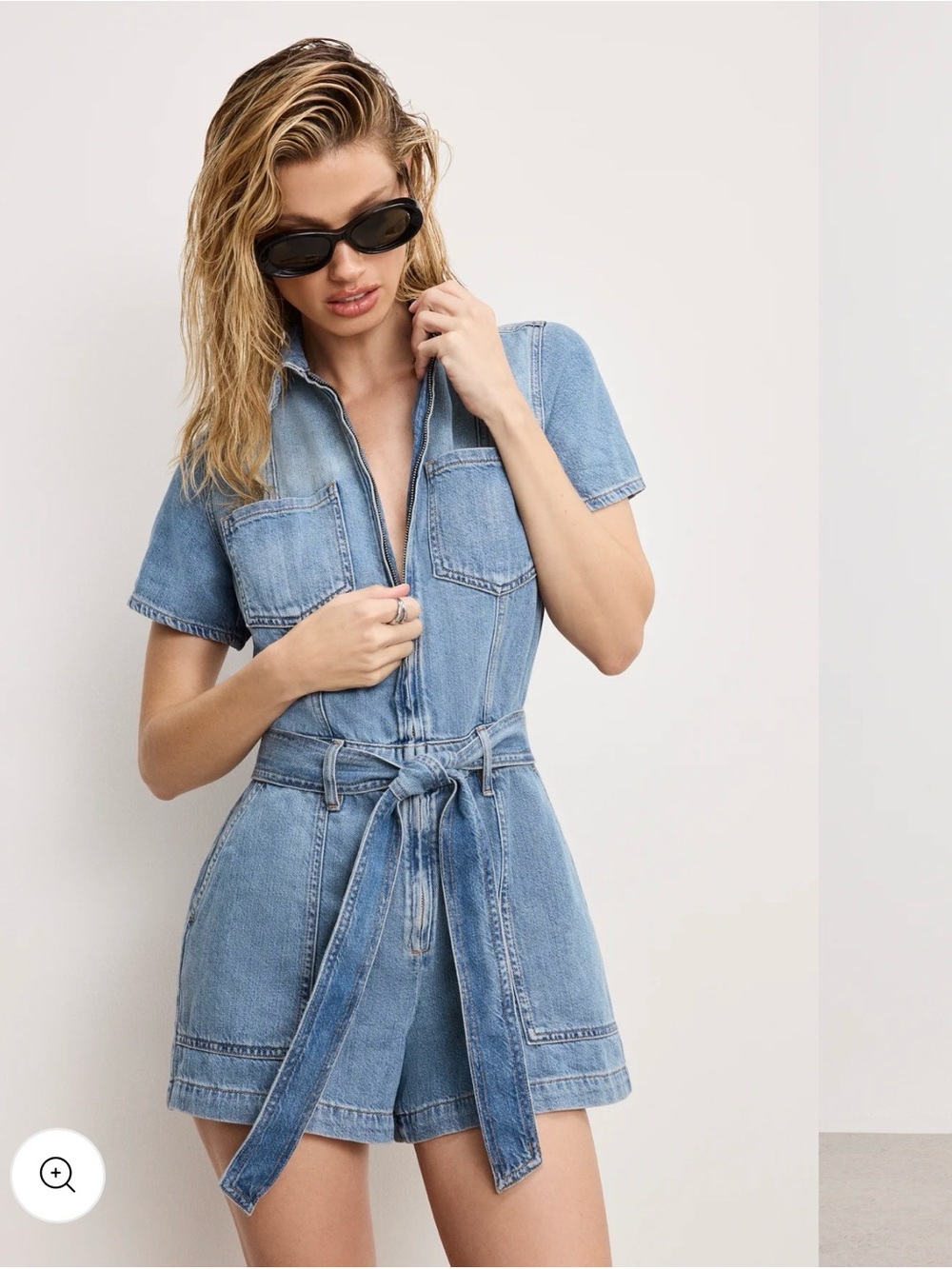 Good American Light Blue Denim Short Jumpsuit Romper with Tie Belt, Size XS